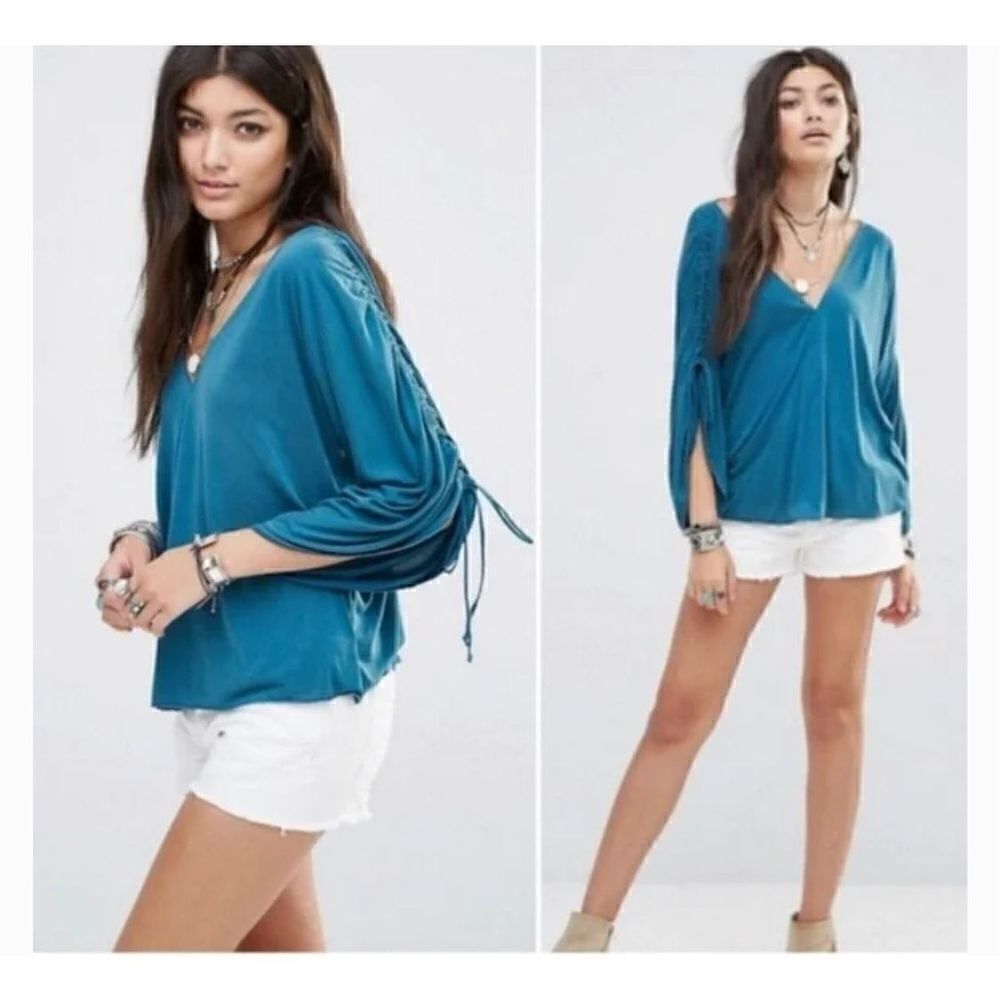 Free People Salt N Peppa Strappy Ruched Sleeve Modal Blend Jade Green Blue Top M
